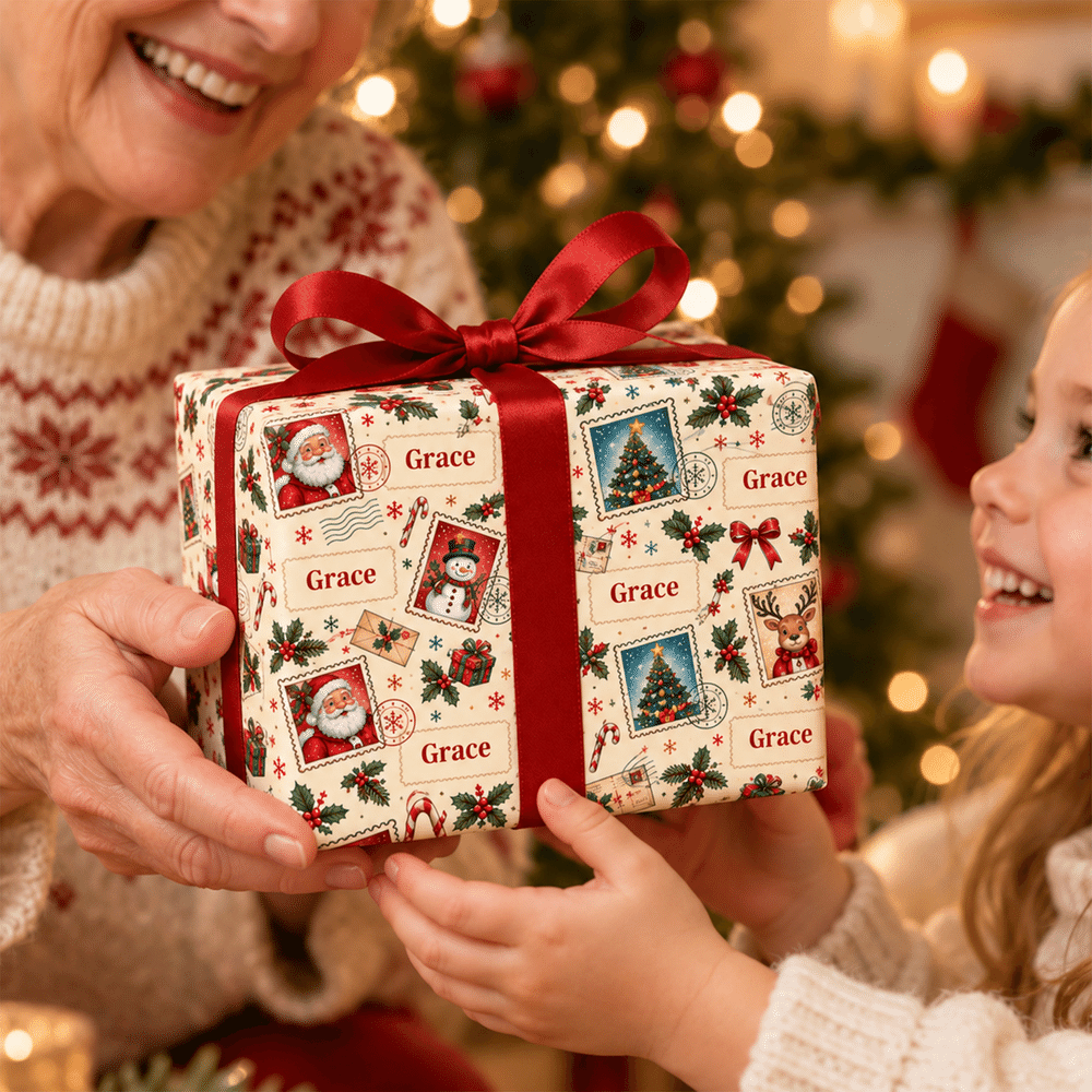 Personligt julmotiv – stämpel, bokstavsdesign, namntåg, presentpapper, julklappsförpackning, present till barn, vänner och familj 8
