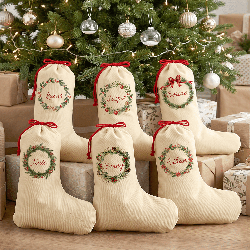 Personalised Holly Gingerbread Cookies Wreath Christmas Stocking Gift Bag with Name Fireplace Decor Christmas Gift for Family Couple 3