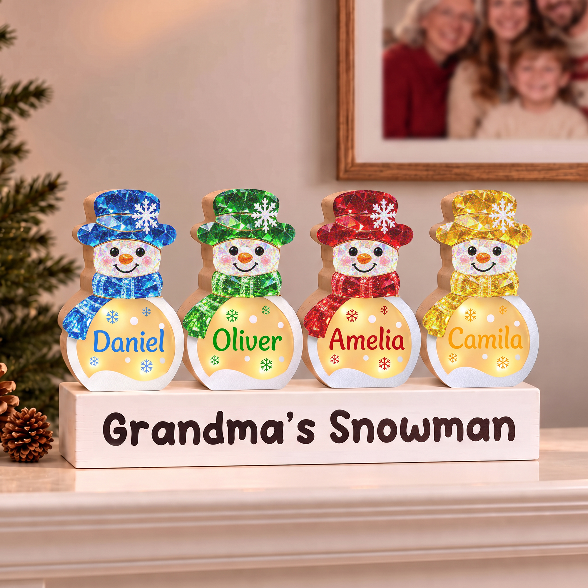 Personalized Colorful Crystal Deisgn Snowflake Snowman LED Wooden Decoration with Name Home Decor Christmas Gift for Family Kids