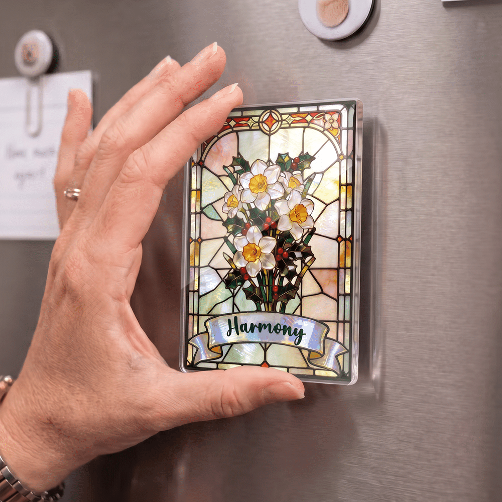 Personalized Stained Glass Style Birth Flower Fridge Magnet with Name Home Decor Birthday Christmas Gift for Family Friends 4