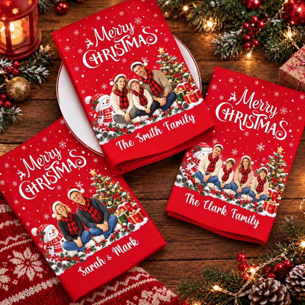Personalized Santa Hat Photo 100% Cotton Red Christmas Napkin with Text Table Decor Christmas Gift for Family Friends 2
