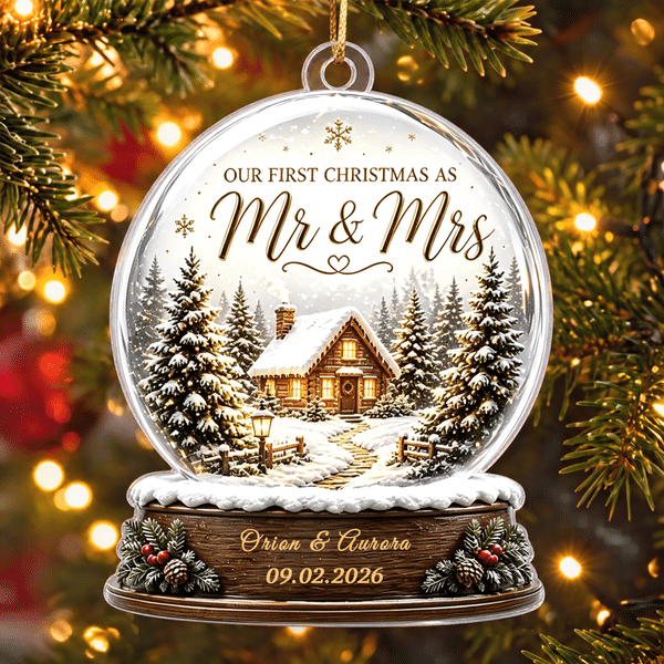 Personalised 3D-Effect Artwork Holly Cabin Our First Christmas Crystal Ball Shaped Acrylic Ornament with Name and Date Christmas Gift for Newlywed