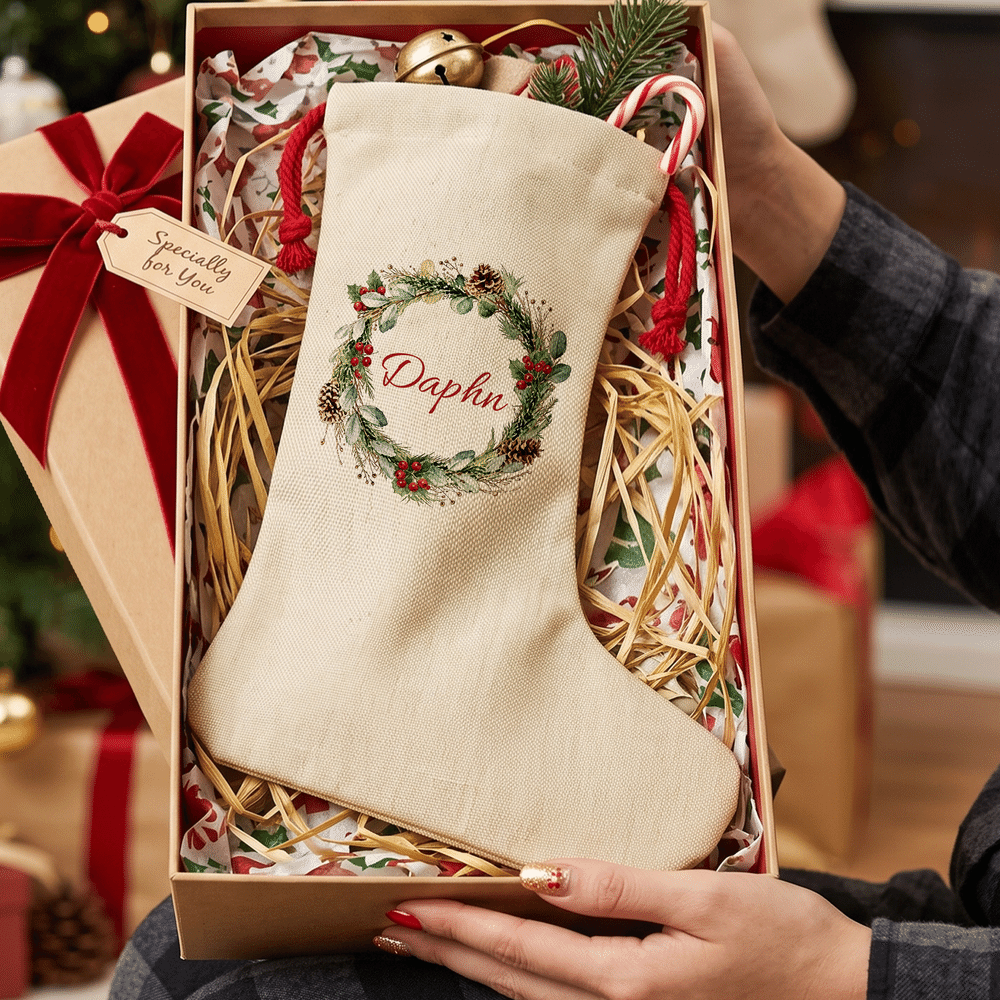 Personalised Holly Gingerbread Cookies Wreath Christmas Stocking Gift Bag with Name Fireplace Decor Christmas Gift for Family Couple 6