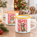 Mug émaillé personnalisé de 12 oz avec photo de chat ou de chien, bonnet de Père Noël et lumières colorées, avec prénom – Cadeau de Noël idéal pour les amoureux des animaux 2