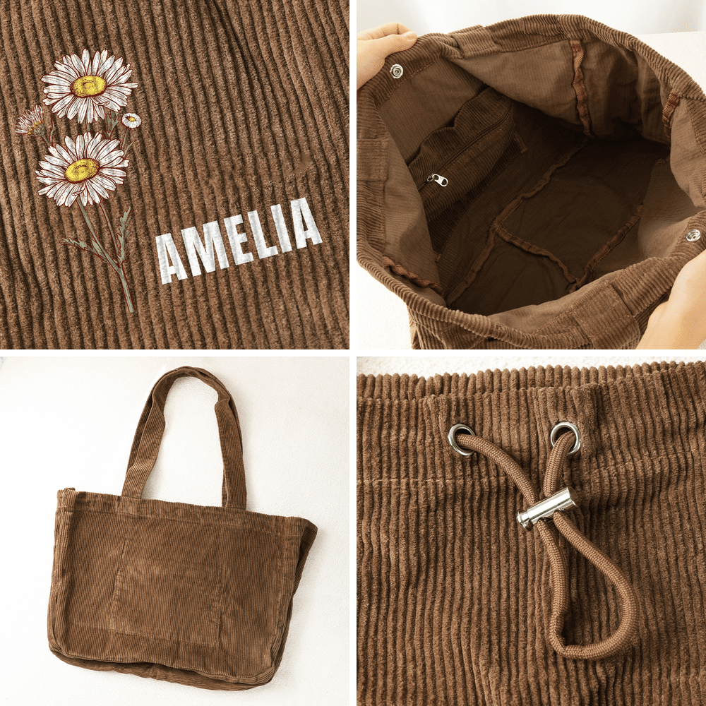 Personalised Birth Flower Large Capacity Corduroy Tote Bag with Name and Drawstring Closure Daily Use Birthday Christmas Gift for Woman Friend 5