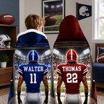 Personalised American Football Player Back View Soft Hooded Blanket with Name and Number Home Decor Game Day Birthday Gift for American Football Player Lover
