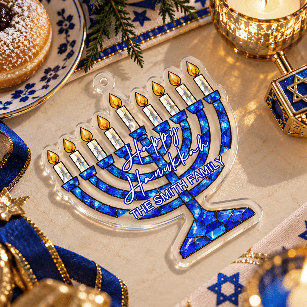 Décoration d'intérieur personnalisée : menorah en acrylique avec motif de vitrail et prénom de famille, à suspendre, pour Hanoukka – Cadeau de fête pour vos amis et votre famille juifs 6