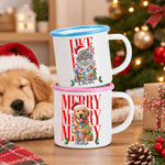Mug émaillé personnalisé de 12 oz avec photo de chat ou de chien, bonnet de Père Noël et lumières colorées, avec prénom – Cadeau de Noël idéal pour les amoureux des animaux 3