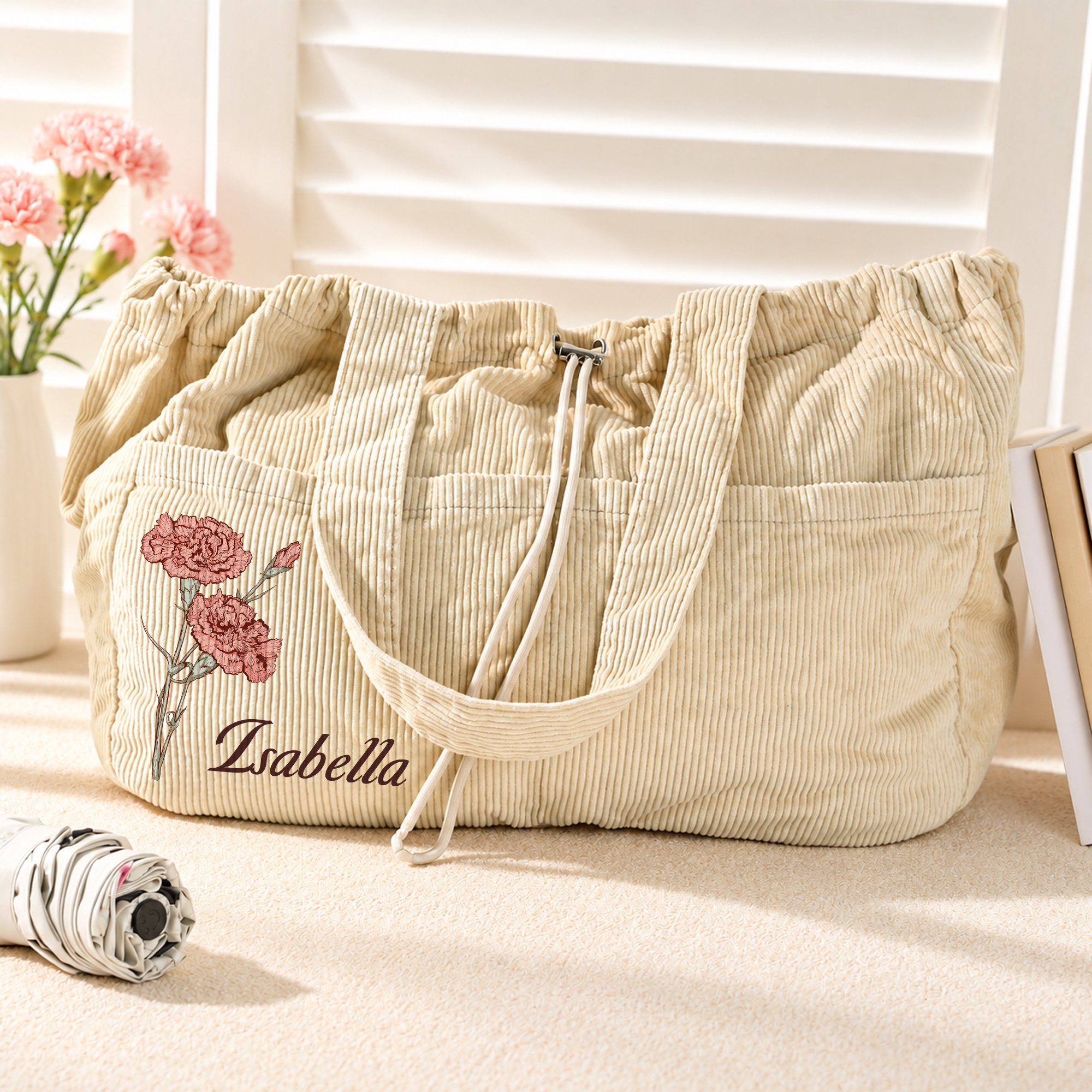 Personalised Birth Flower Large Capacity Corduroy Tote Bag with Name and Drawstring Closure Daily Use Birthday Christmas Gift for Woman Friend