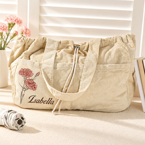 Personalised Birth Flower Large Capacity Corduroy Tote Bag with Name and Drawstring Closure Daily Use Birthday Christmas Gift for Woman Friend