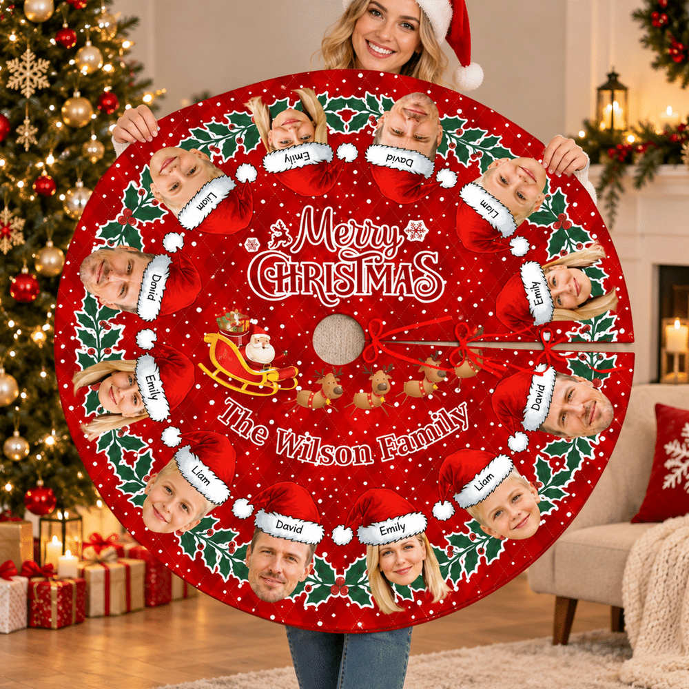 Faldón para árbol de Navidad personalizado con nombres y fotos (del 1 al 12). Decoración navideña para fiestas y el hogar. Regalo de Navidad para familiares y amigos. 3