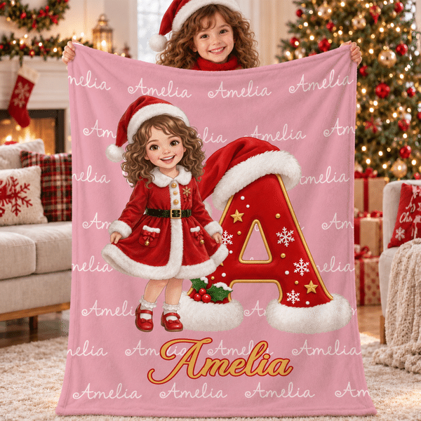 Personalised 3D-Style Art Christmas Character Photo Word Cloud Soft Throw Blanket with Name Home Decor Christmas Gift for Friends Kids Family