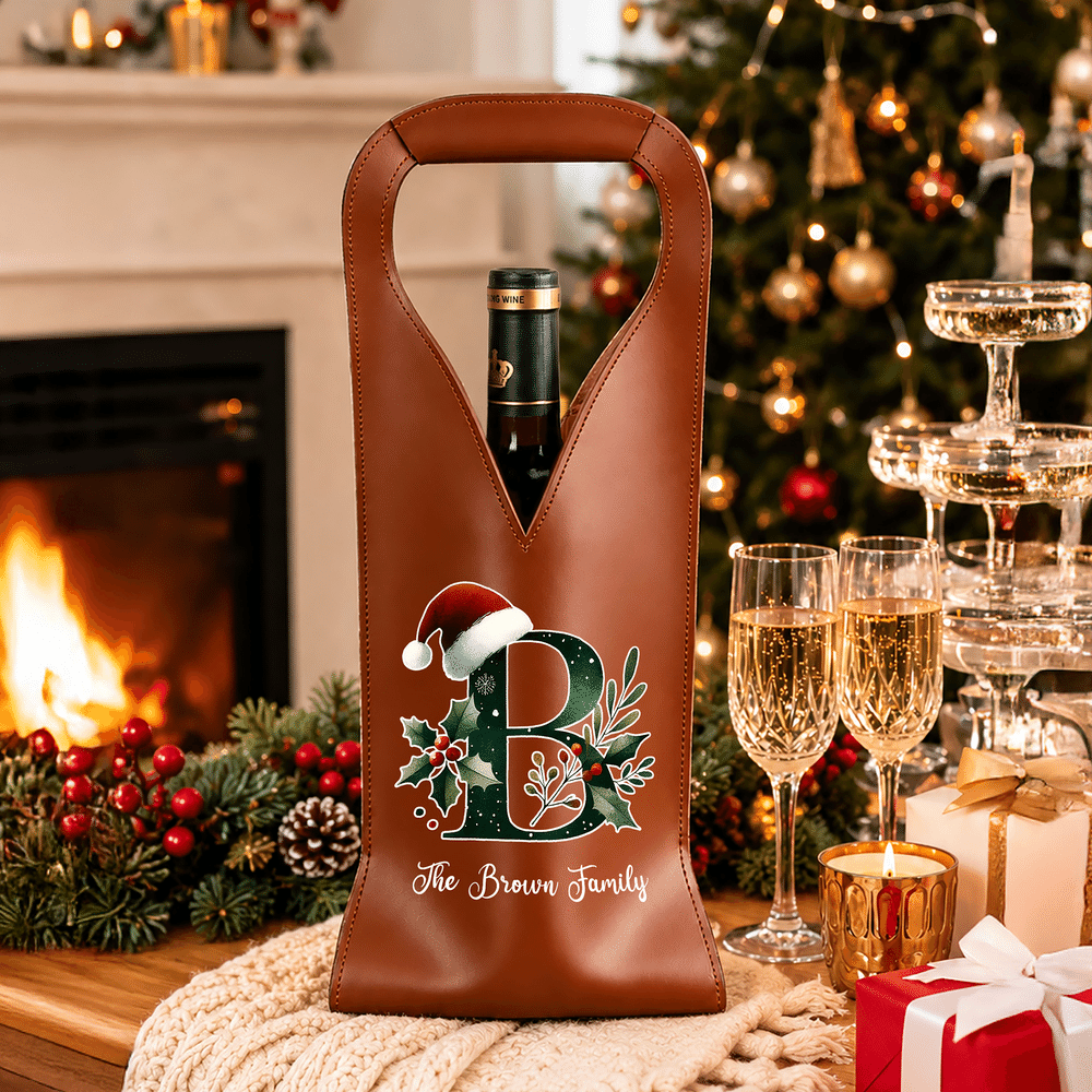 Personalized Christmas Initial Santa Hat Holly PU Leather Wine Gift Bag with Text Christmas Gift for Wine Lovers Family Friends 4