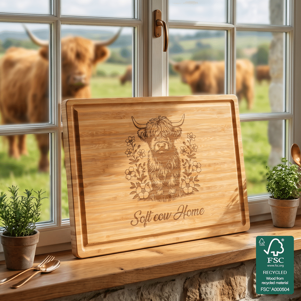 Personalized Vintage Highland Cow FSC Bamboo Charcuterie Cutting Board with Juice Groove and Text Housewarming Holiday Gift for Highland Cow Lovers 3