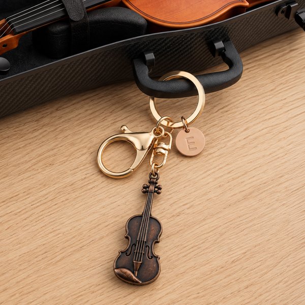 Personalised Vintage Violin Music Theme Keyring with Engraving Initial Daily Use Birthday Christmas Gift for Music Lovers Violin Players