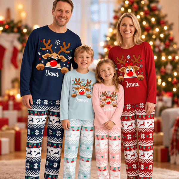 Personalized Colourful Christmas Reindeer Family Pajama Set with Name Soft Daily Wear Christmas Gift for Parents Kids