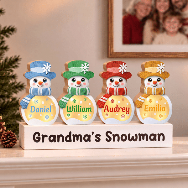 Décoration de Noël personnalisée en bois avec bonhomme de neige de Noël en dessin animé et éclairage LED, avec prénom et texte – Décoration d'intérieur, cadeau pour les fêtes de fin d'année et les soirées d'hiver, à offrir à un ami