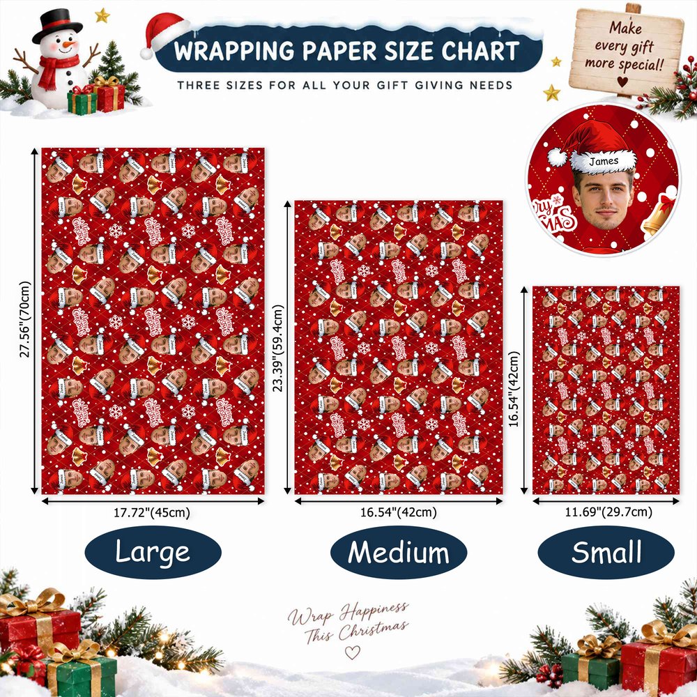 Personalised Santa Hat Golden Bell Face Photo Wrapping Paper with 1-6 Names Christmas Holiday Party Gift for Family Friends 9