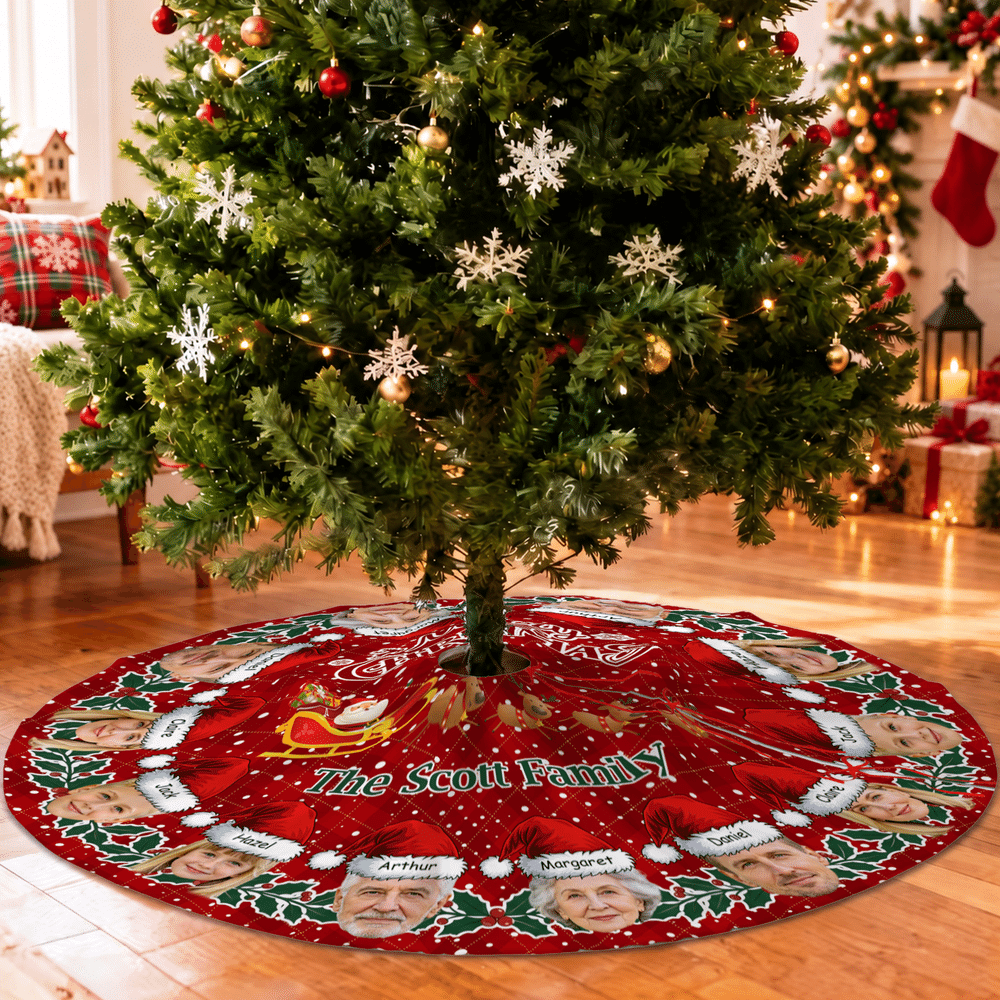 Faldón para árbol de Navidad personalizado con nombres y fotos (del 1 al 12). Decoración navideña para fiestas y el hogar. Regalo de Navidad para familiares y amigos. 2