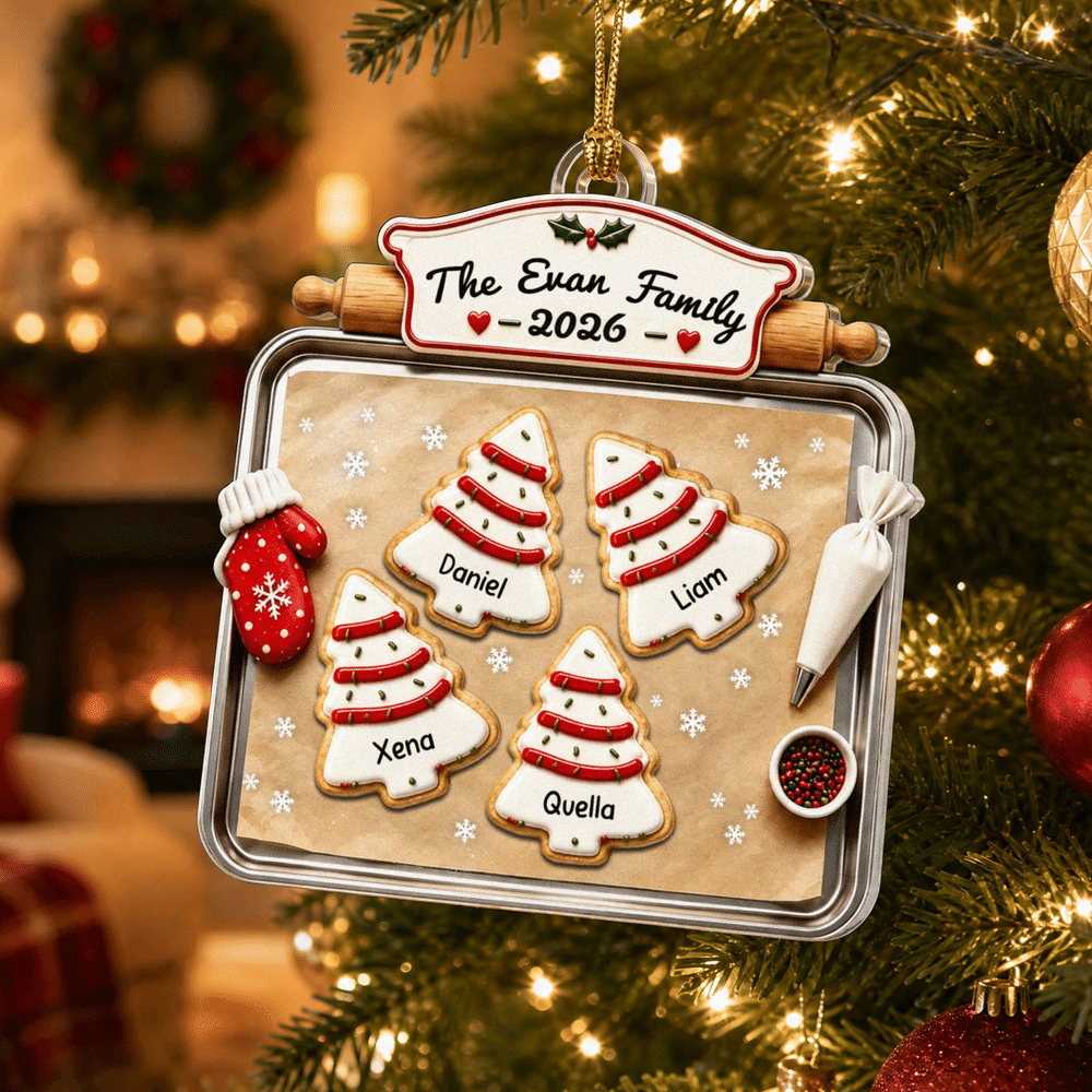 Personalised 3D-Effect Artwork Christmas Tree Biscuit Baking Pan Shaped Acrylic Ornament with 2-10 Names Christmas Gift for Family 3