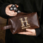 Personalized Ornate Baroque Initial Waterproof PU Leather Toiletry Bag with Name and Handle Travel Wedding Birthday Gift for Man Groomsman