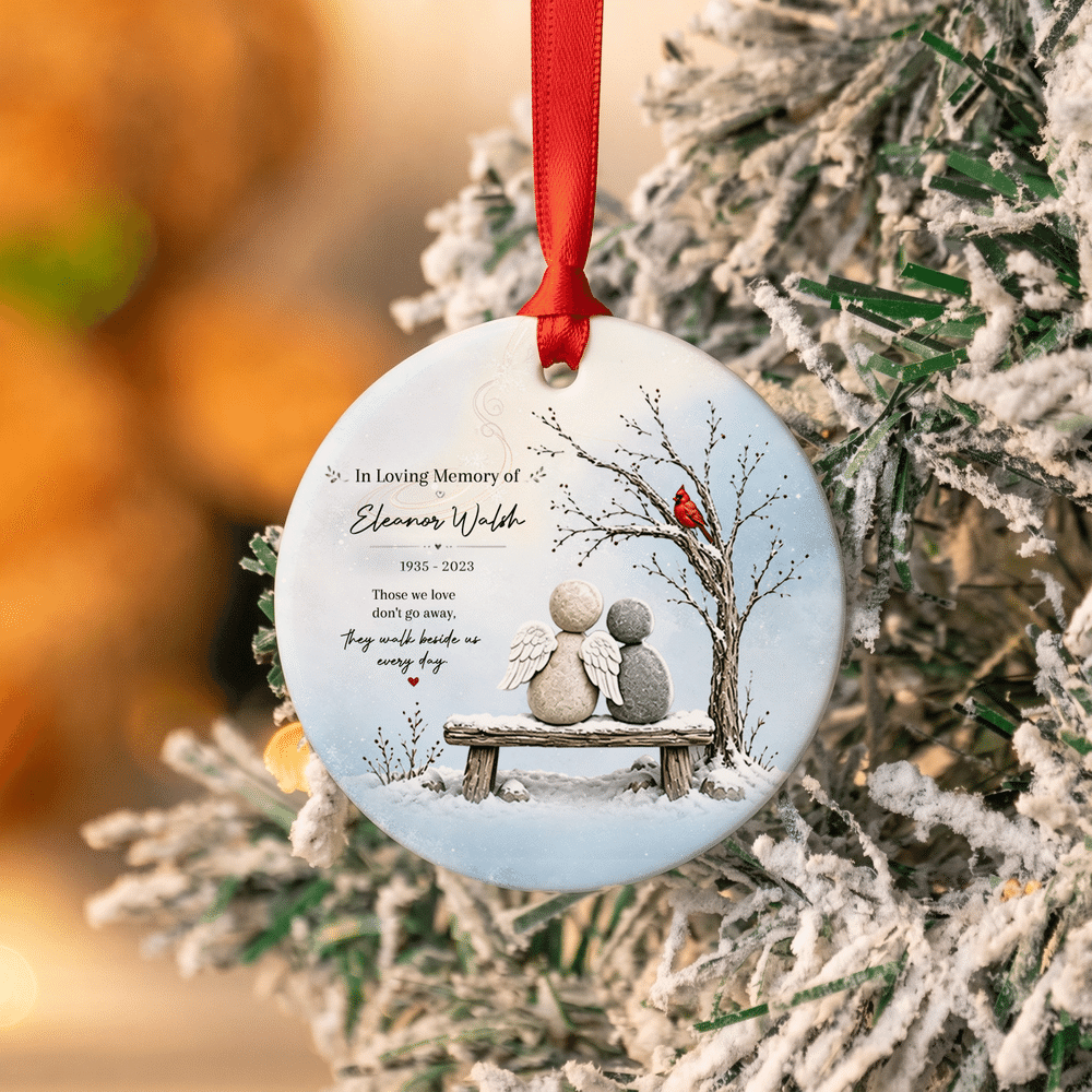Personalized Snow Scenery Bench Angel-Like Stone Figure Ceramic Ornament with Name and Year Holiday Decor Christmas Gift for Family Friend 3