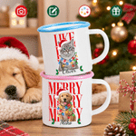 Mug émaillé personnalisé de 12 oz avec photo de chat ou de chien, bonnet de Père Noël et lumières colorées, avec prénom – Cadeau de Noël idéal pour les amoureux des animaux 8