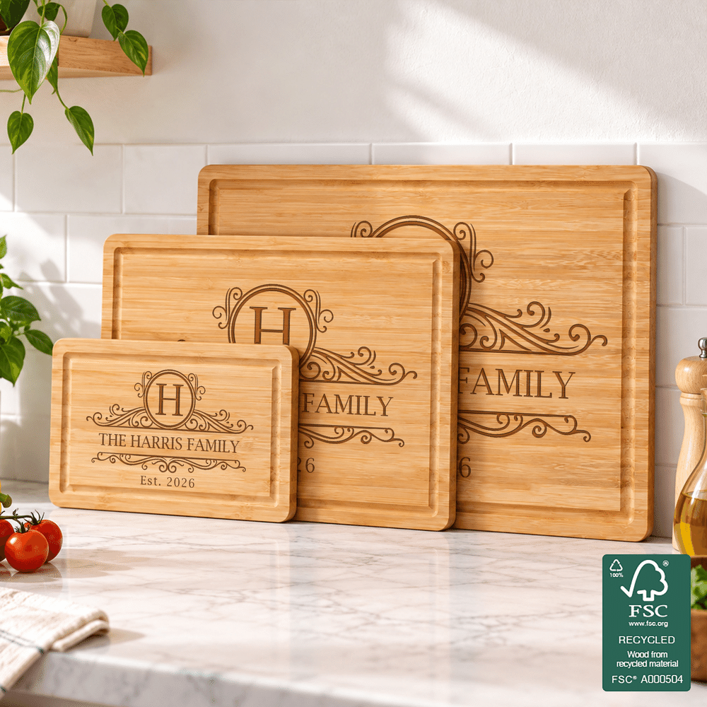 Tabla de cortar de bambú FSC vintage personalizada con iniciales, apellido, fecha y ranura para el zumo: regalo de inauguración de casa para amigos y familiares 6