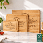 Tabla de cortar de bambú FSC vintage personalizada con iniciales, apellido, fecha y ranura para el zumo: regalo de inauguración de casa para amigos y familiares 6