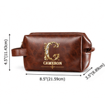 Personalized Ornate Baroque Initial Waterproof PU Leather Toiletry Bag with Name and Handle Travel Wedding Birthday Gift for Man Groomsman
