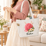 Personalized 3D-Effect Artwork Birth Flower Yarn Ball Knitting Needle Corduroy Tote Bag with Name Daily Use Birthday Gift for Mom Grandma Knitter 2