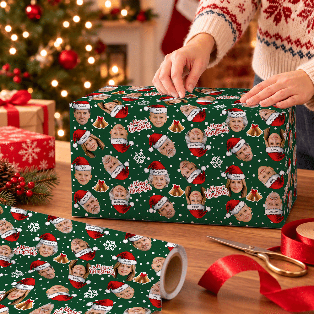 Personalised Santa Hat Golden Bell Face Photo Wrapping Paper with 1-6 Names Christmas Holiday Party Gift for Family Friends 7