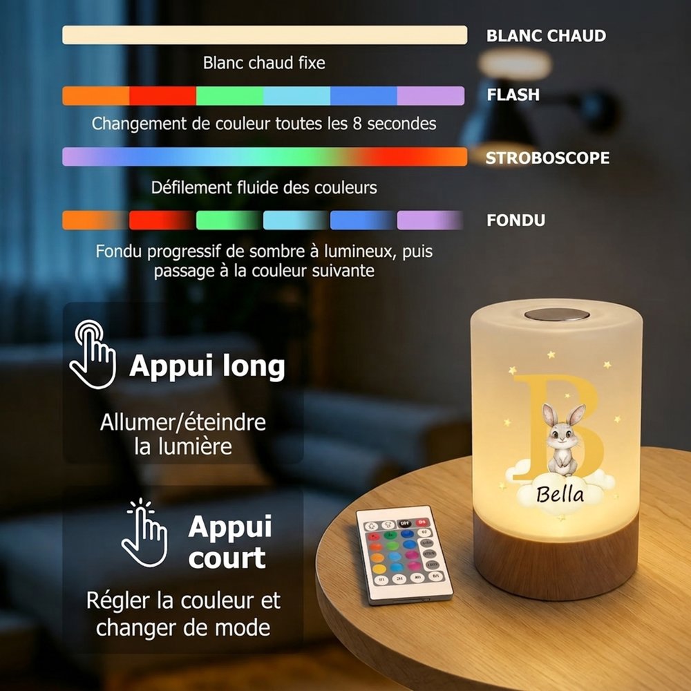 Veilleuse tactile personnalisée avec initiale nom et motif d'animal - Décoration de chambre - Cadeau pour les enfants et la famille 6