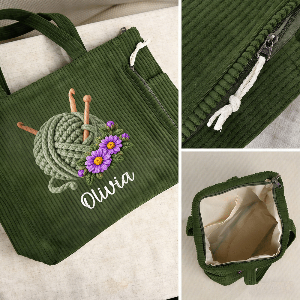Personalized 3D-Effect Artwork Birth Flower Yarn Ball Knitting Needle Corduroy Tote Bag with Name Daily Use Birthday Gift for Mom Grandma Knitter 5