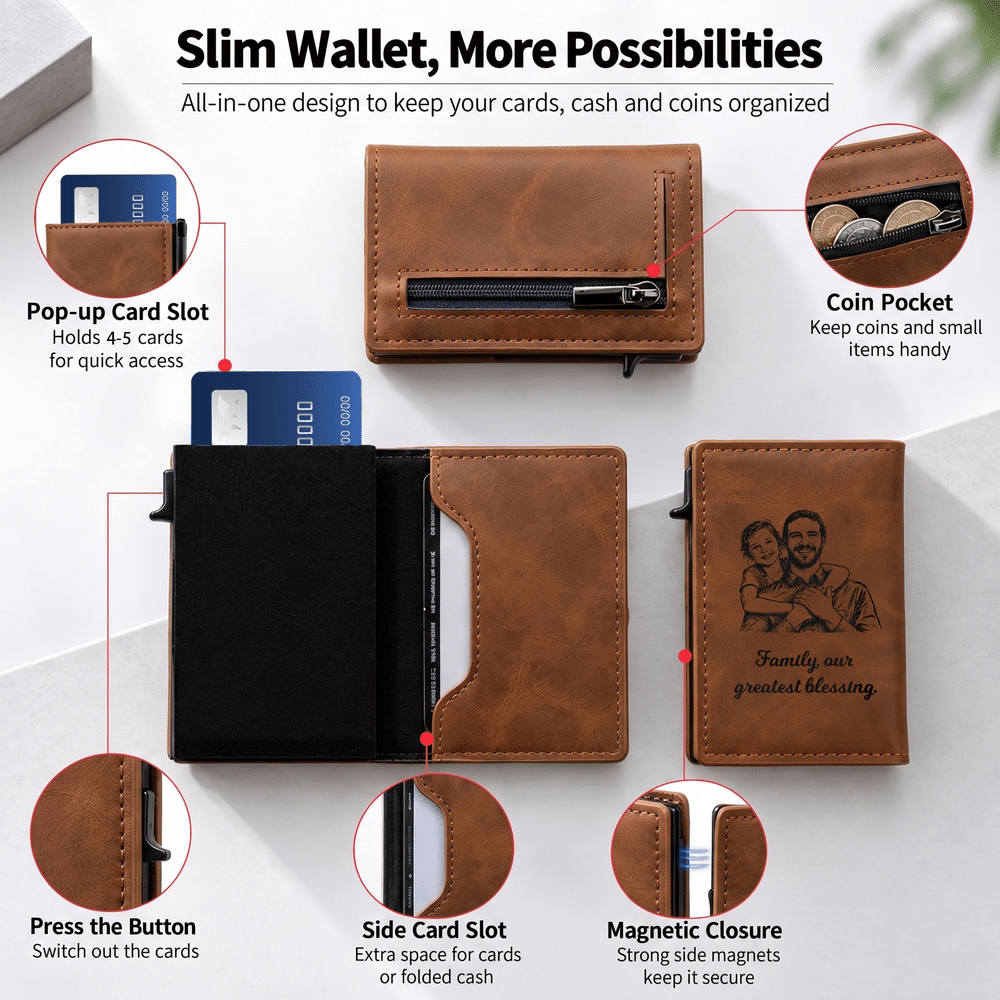 Personalised Sketch Family Photo Slim RFID Blocking Pop Up Card Holder Wallet with Text Christmas Father's Day Gift for Men Dad 8