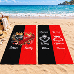 Personalized Love Theme King Queen Crown Rose Oversized Quick Dry Beach Towel with Name Summer Vacation Birthday Gift for Couple