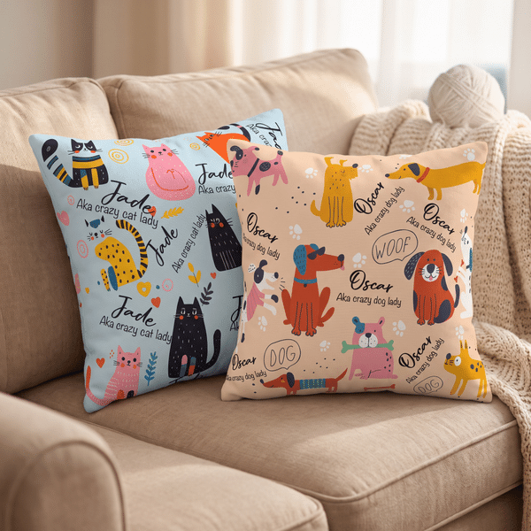 Funda de cojín mullida con ilustración personalizada de gatos y perros, con nombre. Decoración para el hogar. Regalo de Navidad para la familia y los amantes de las mascotas.