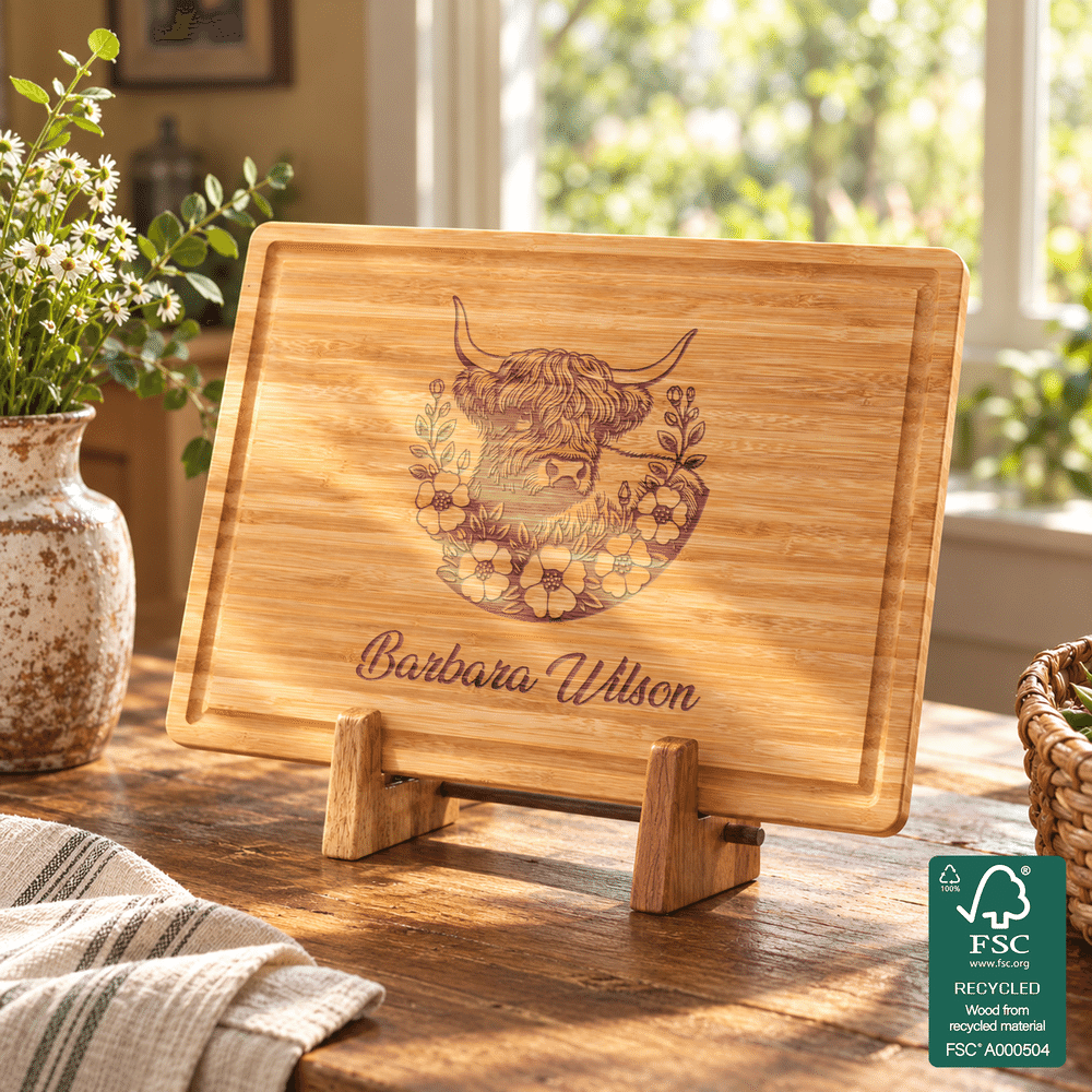Personalized Vintage Highland Cow FSC Bamboo Charcuterie Cutting Board with Juice Groove and Text Housewarming Holiday Gift for Highland Cow Lovers 1