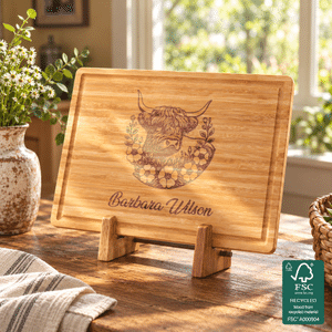 Personalized Vintage Highland Cow FSC Bamboo Charcuterie Cutting Board with Juice Groove and Text Housewarming Holiday Gift for Highland Cow Lovers
