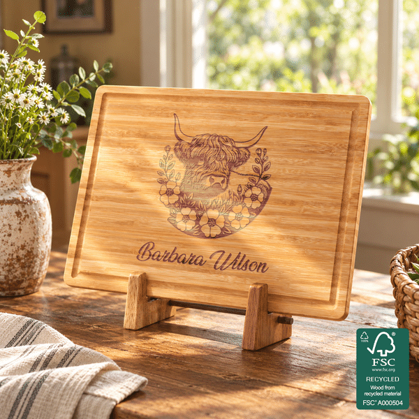 Personalized Vintage Highland Cow FSC Bamboo Charcuterie Cutting Board with Juice Groove and Text Housewarming Holiday Gift for Highland Cow Lovers