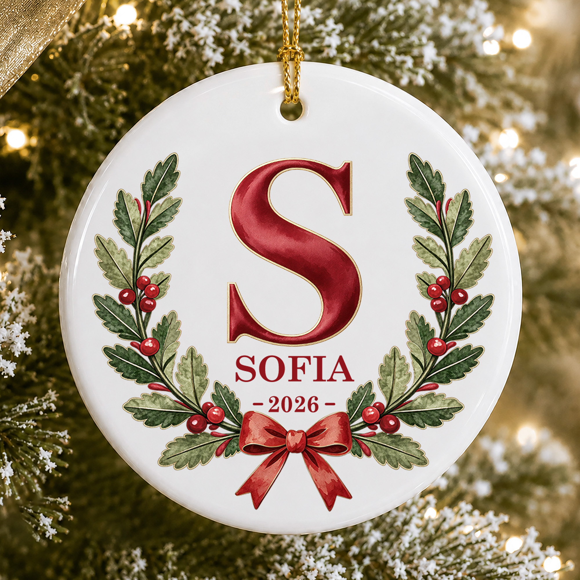 Personalized Christmas-Themed Initial Ceramic Ornament with Name and Year Tree Decor Christmas Gift for Kids Family Friends