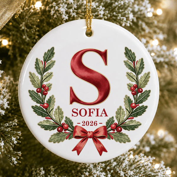 Decorazione natalizia personalizzata in ceramica con iniziale, nome e anno: ornamento per l'albero di Natale, regalo di Natale per bambini, familiari e amici