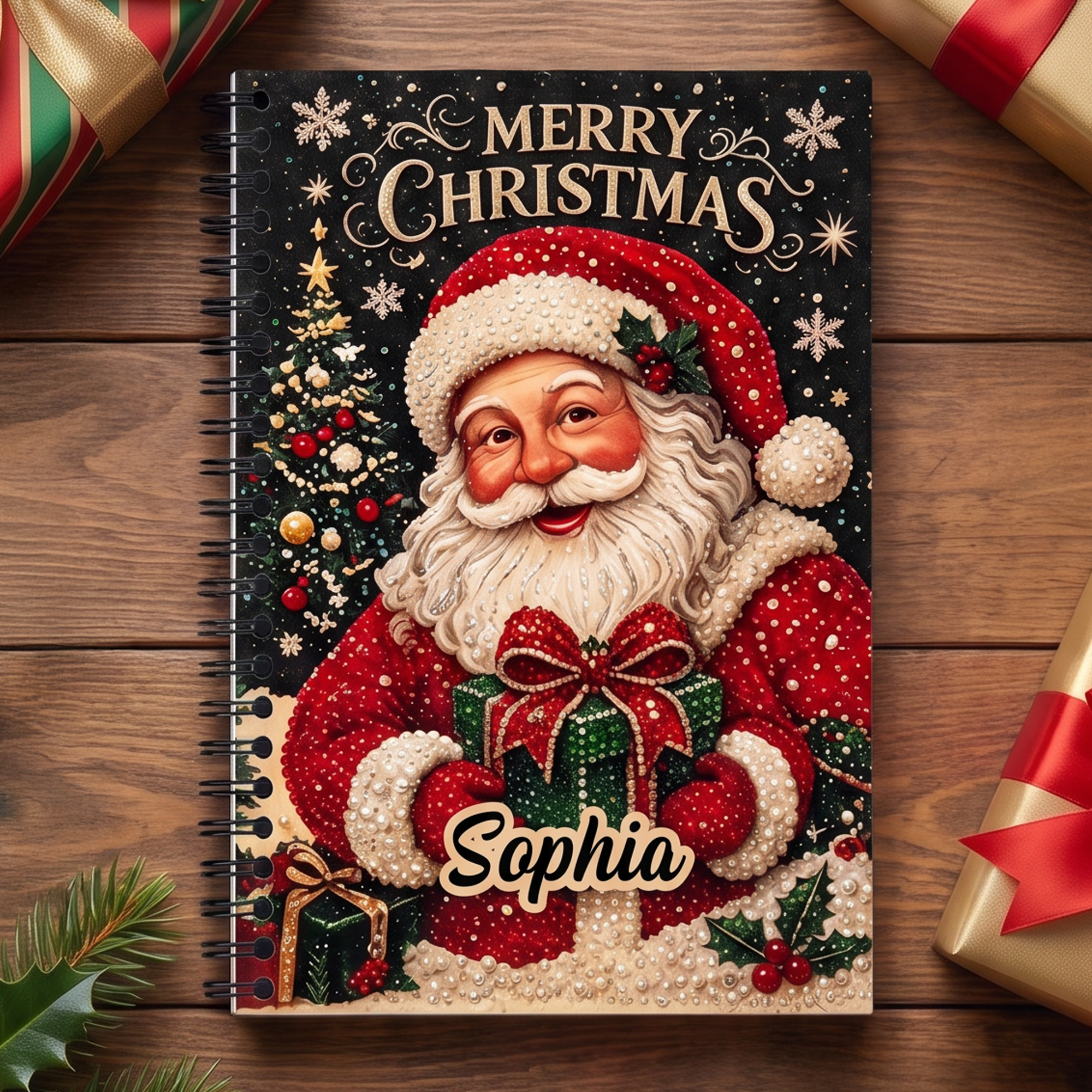 Personalized Christmas Shiny Diamond Style Santa Claus A5 Spiral Journal Notebook with Name and 120 Lined Pages Christmas Gift for Kids