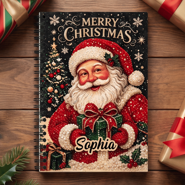 Personalised Christmas Shiny Diamond Style Santa Claus A5 Spiral Journal Notebook with Name and 120 Lined Pages Christmas Gift for Kids