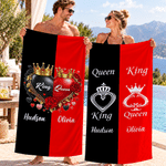Personalized Love Theme King Queen Crown Rose Oversized Quick Dry Beach Towel with Name Summer Vacation Birthday Gift for Couple
