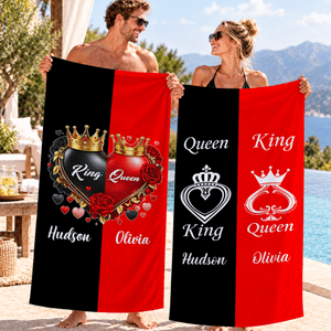 Personalized Love Theme King Queen Crown Rose Oversized Quick Dry Beach Towel with Name Summer Vacation Birthday Gift for Couple