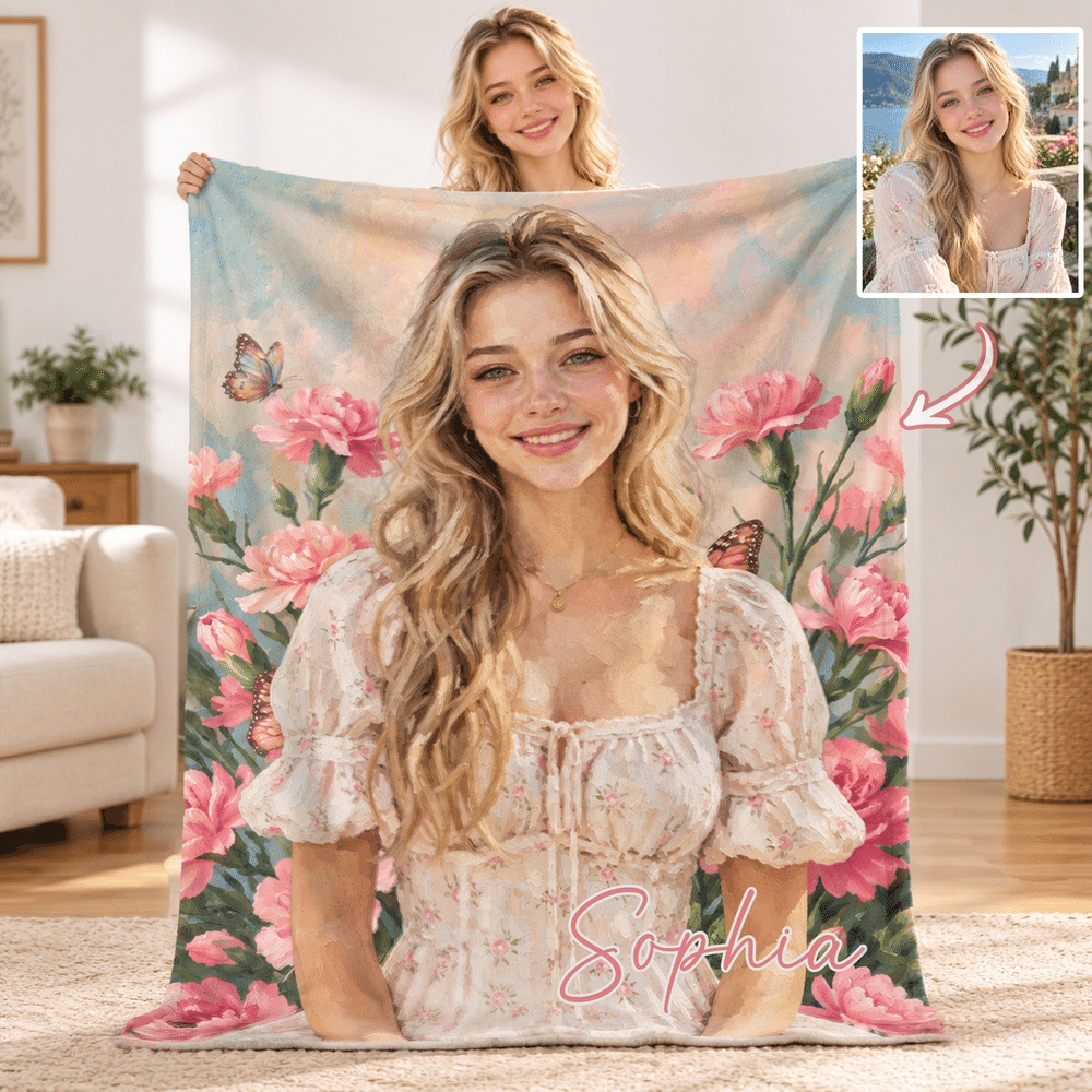 Personalized Birth Flower Oil Painting Photo Soft Throw Blanket with Name Home Decor Birthday Gift for Woman Man Girlfriend Sister 1