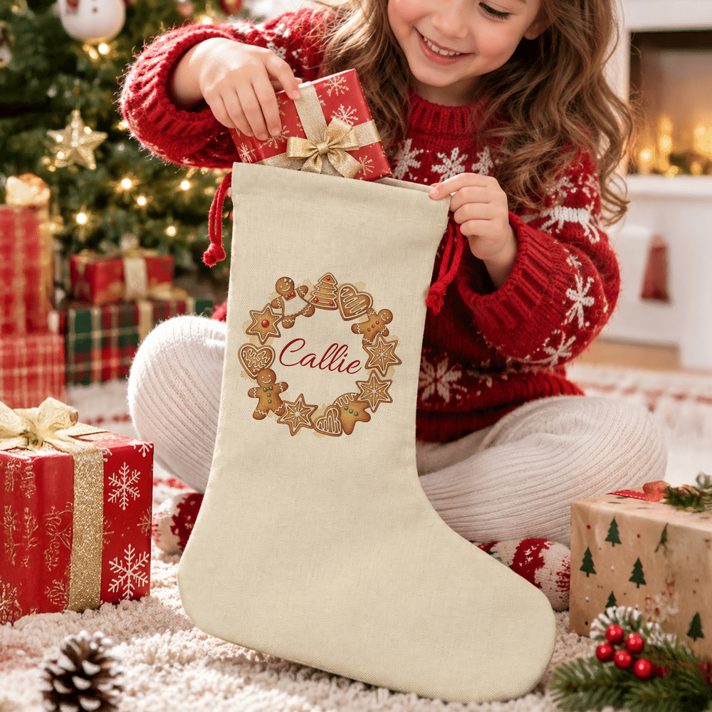 Personalised Holly Gingerbread Cookies Wreath Christmas Stocking Gift Bag with Name Fireplace Decor Christmas Gift for Family Couple 4