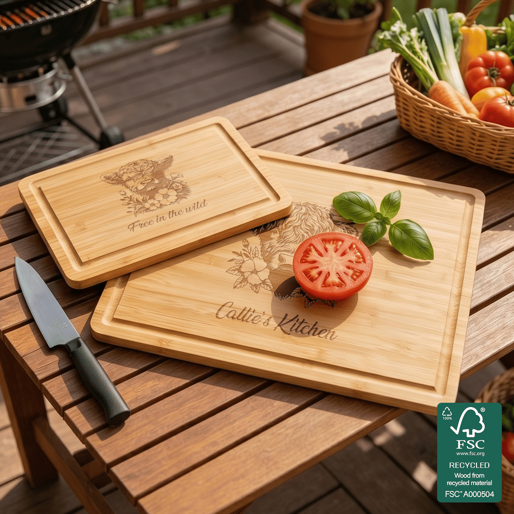 Personalized Vintage Highland Cow FSC Bamboo Charcuterie Cutting Board with Juice Groove and Text Housewarming Holiday Gift for Highland Cow Lovers 4