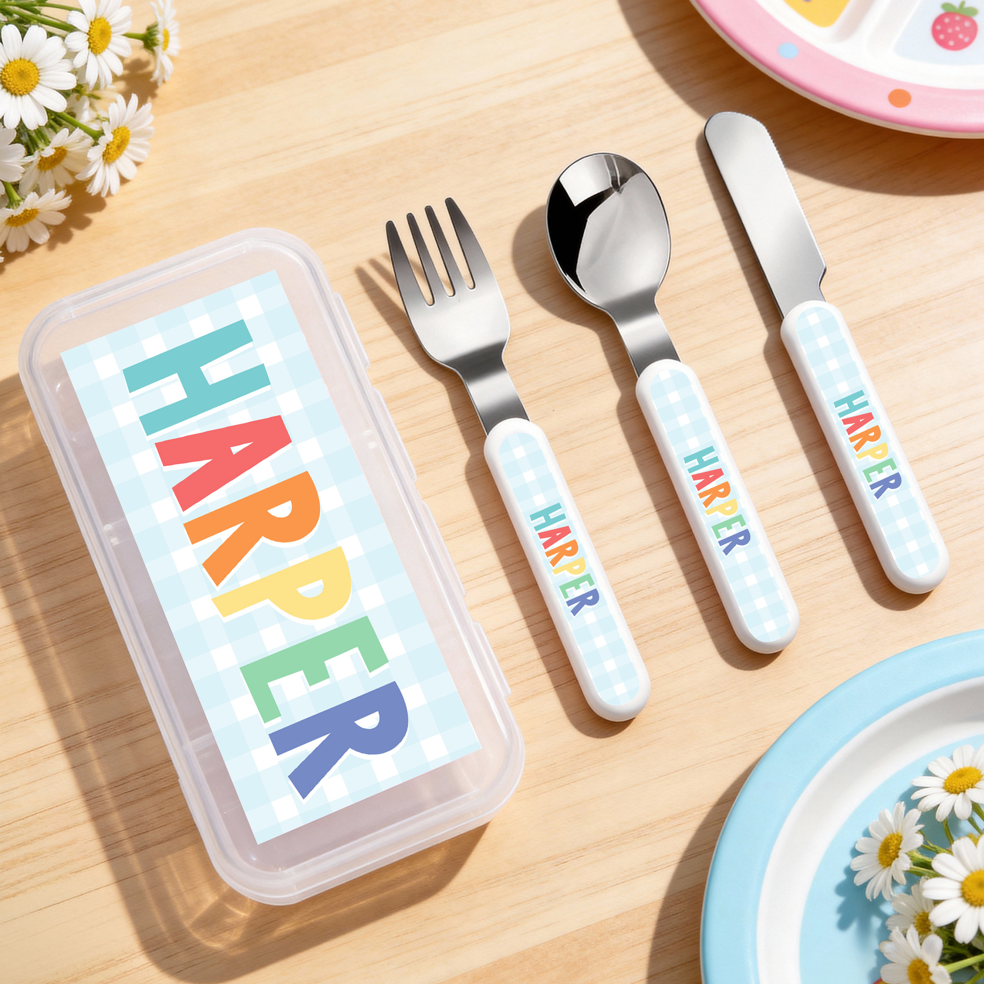 Individuell gestaltetes Besteckset aus rostfreiem Stahl: Gabel, Löffel, Messer (3-teilig) mit Namen und Etui – für den täglichen Gebrauch, Geburtstagsgeschenk für Jungen und Mädchen
